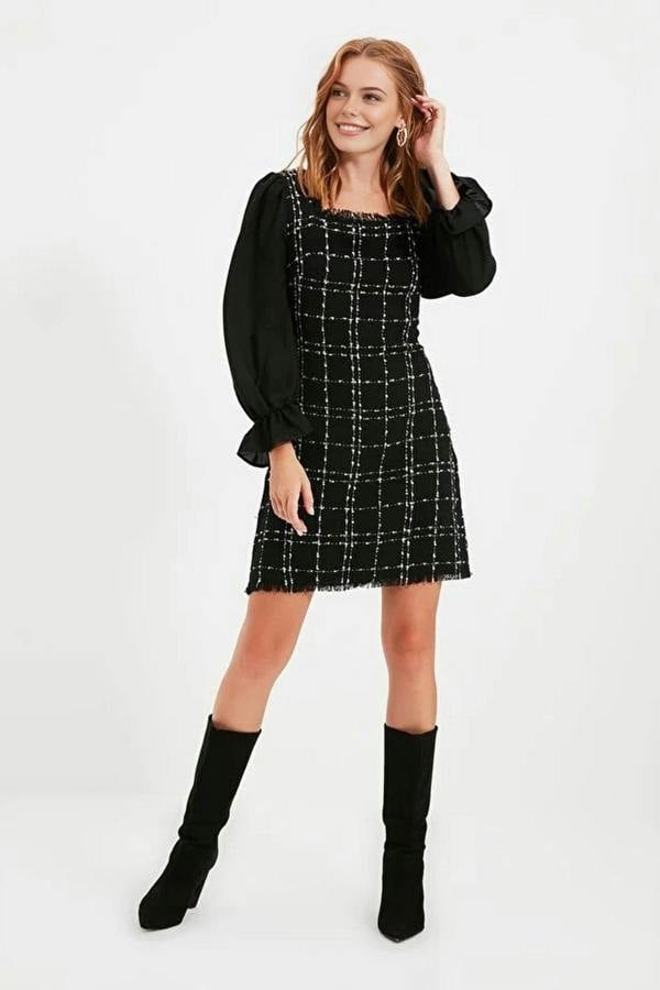 WOVCOR Tweed Argyle A-Line Mini Woven Dress with Chiffon Sleeve Detail