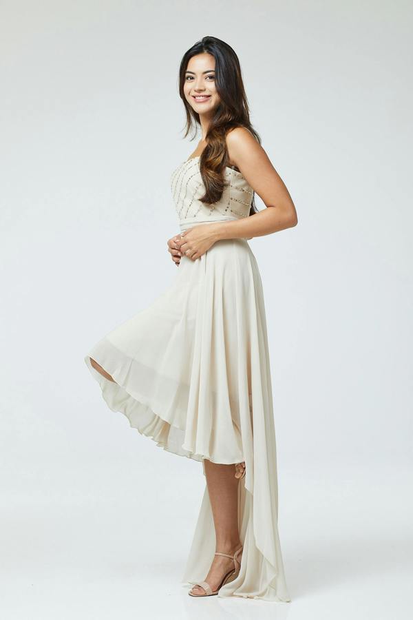 LuvForever Nude Sequin Asymmetric Long Dress