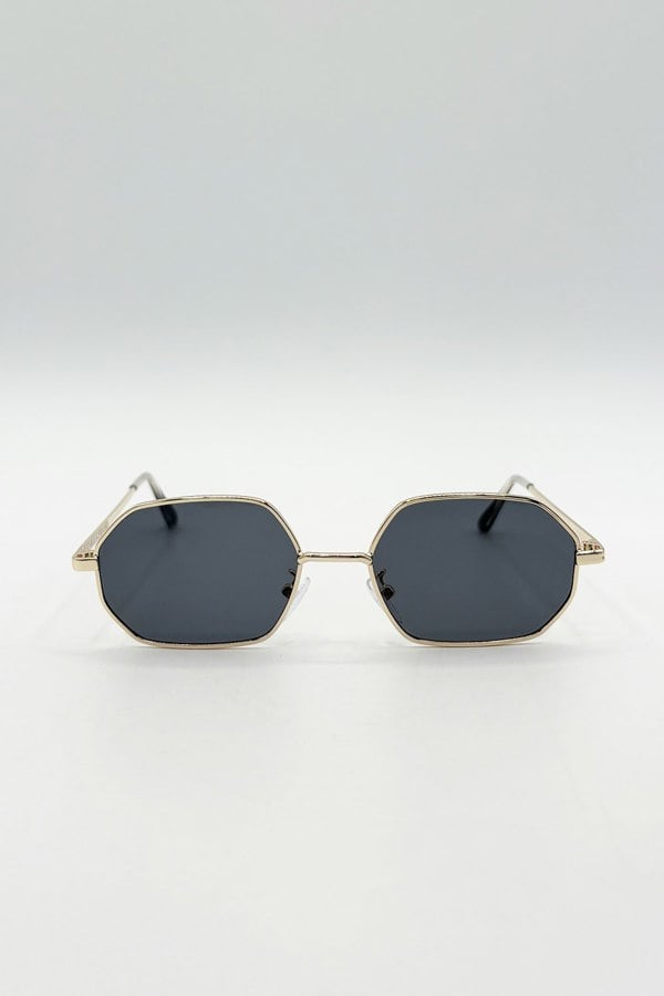SVNX Oval Geometric Metal Frame Sunglasses Black Gold