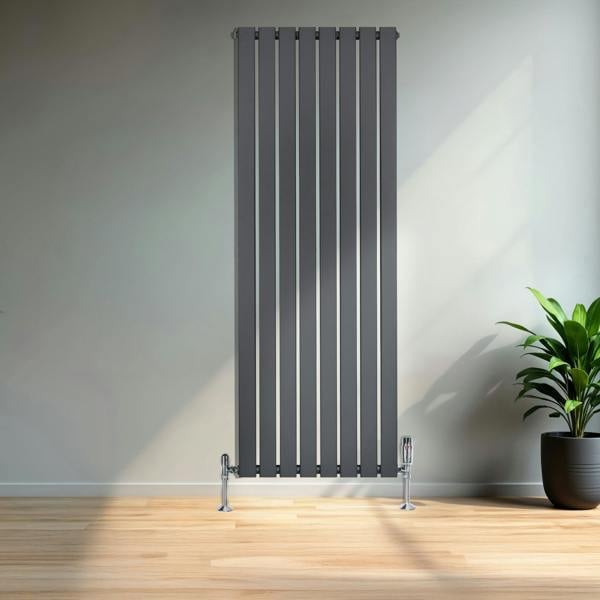 Flat single column radiator in anthracite grey, 1600 x 560mm, featuring sleek vertical lines and a modern design, set against a light wall