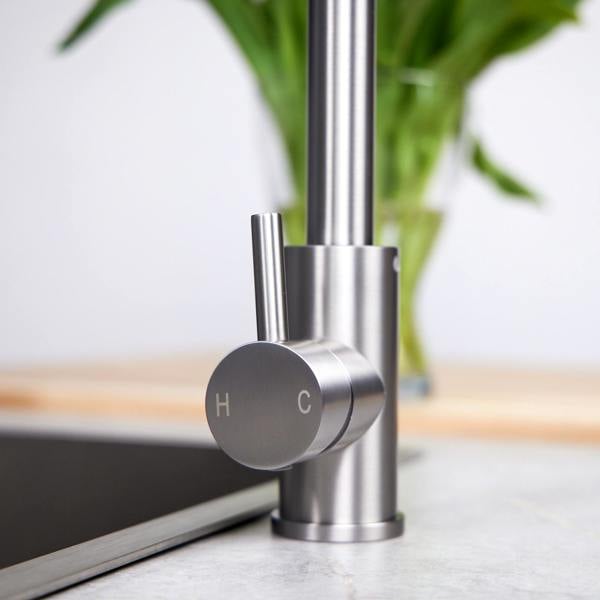 Flode Mjörn | Single Lever Kitchen Sink Mixer Tap with Swivel Spout | L Neck Design | Brushed Steel Finish