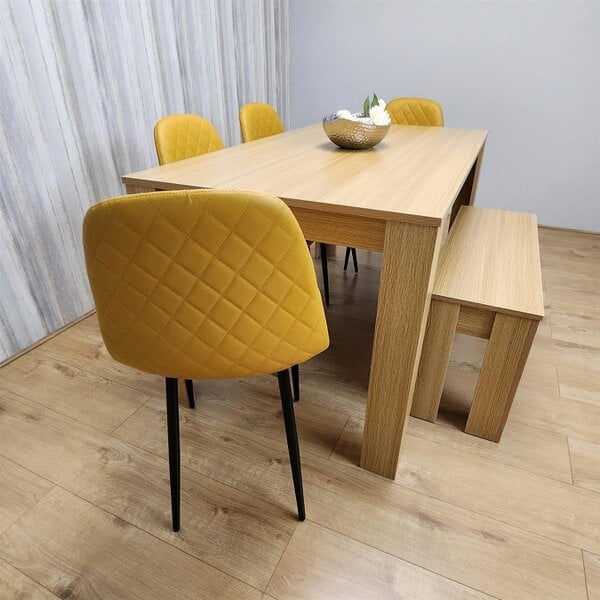 Kosy Koala Wooden Dining Table Set for 6 Oak Effect Table With 4 Mustard Gem Patterned  Chairs and 1 Bench