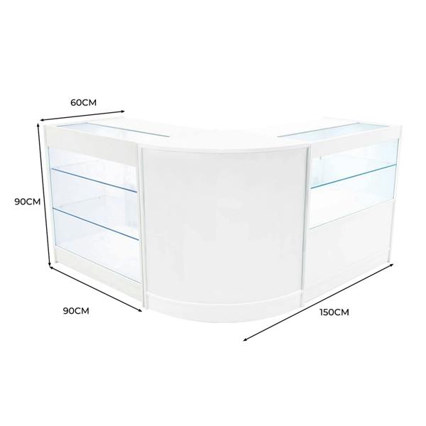 Curved white LED shop counter set featuring glass display shelves, measuring 150cm wide, 90cm high, and 60cm deep