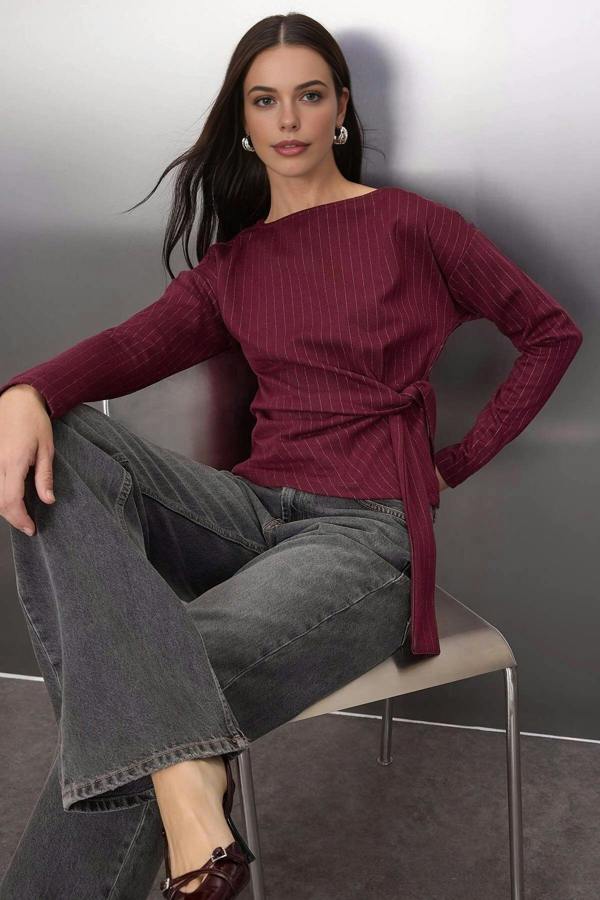 WOVCOR Striped Long Sleeve Boat Neck Knit Blouse with Tie Detail