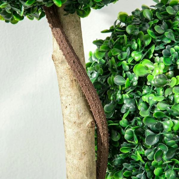 Close-up of artificial topiary trunk with dark green boxwood leaves, no pot shown