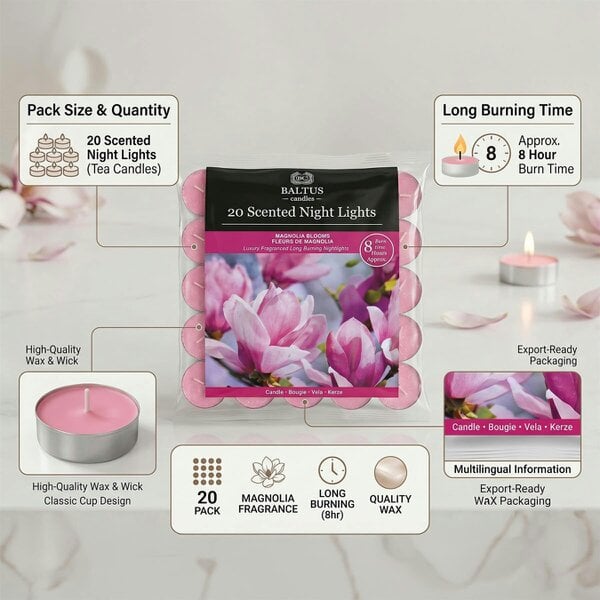 Baltus Magnolia Blooms Scented Tealight Candles, Pack of 20, Up to 8 Hour Burn Time