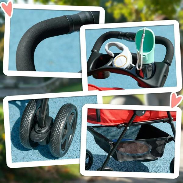 Red dog stroller handle with cup holder, plus front wheels and mesh storage basket