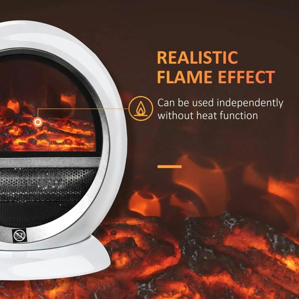 White electric fireplace heater front window showing realistic flame effect and indicator light