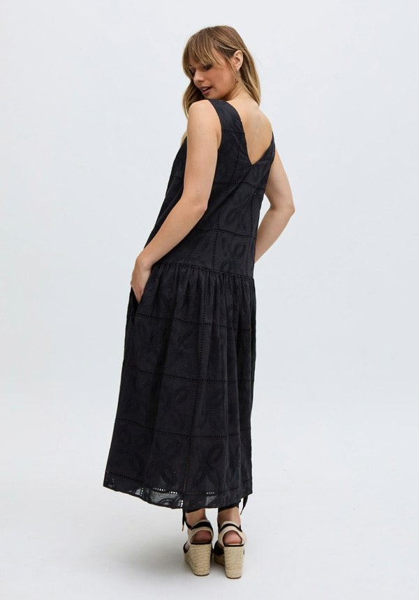 Raffya Squire All Over Cut Work Drop Waist Midi Dress In Black
