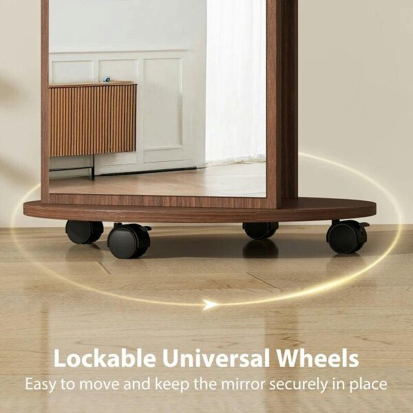 2-in-1 Full Length Mirror with Storage Shelves, Floor Mirror with 4 Wheels, Coat Rack, Hooks, Brown Wood Effect