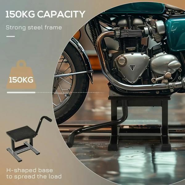 Black motorbike jack lift with H-shaped base and textured platform, 150kg