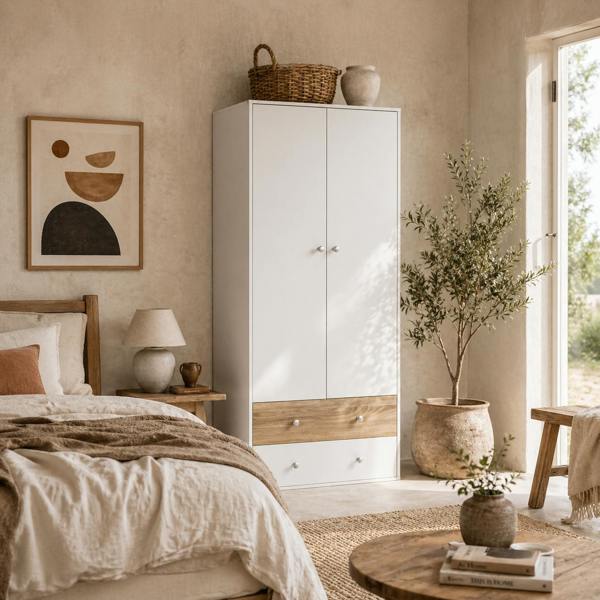 Wyld Haus Coralia White and Natural 2 Door Wardrobe With Hanging Rail and 2 Drawers