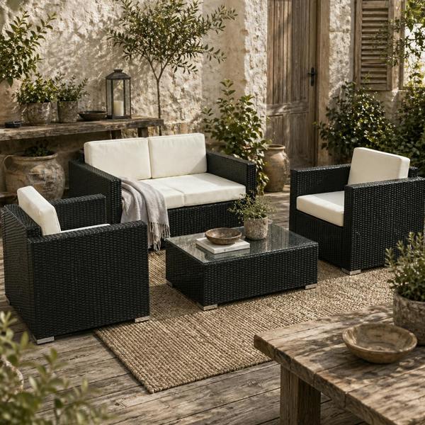 Wyld Haus Elrolo Rattan Black 4 Seater Outdoor Sofa Set With White Cushions and Rectangular Coffee Table Glass Top
