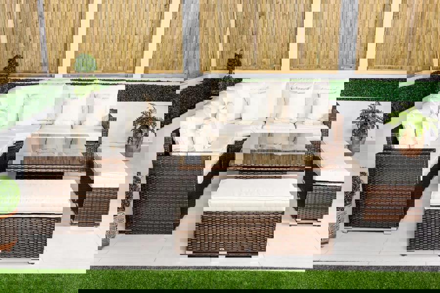 Giardino Santorini 5 Seat Modular Corner Sofa Rattan Garden Furniture Set Outdoor Height Adjustable Coffee Table + 2 x benches