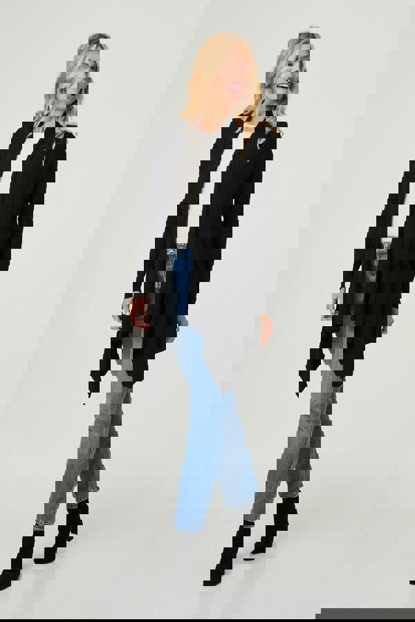 Black | Longline Curve Hem Open Front Cardigan
