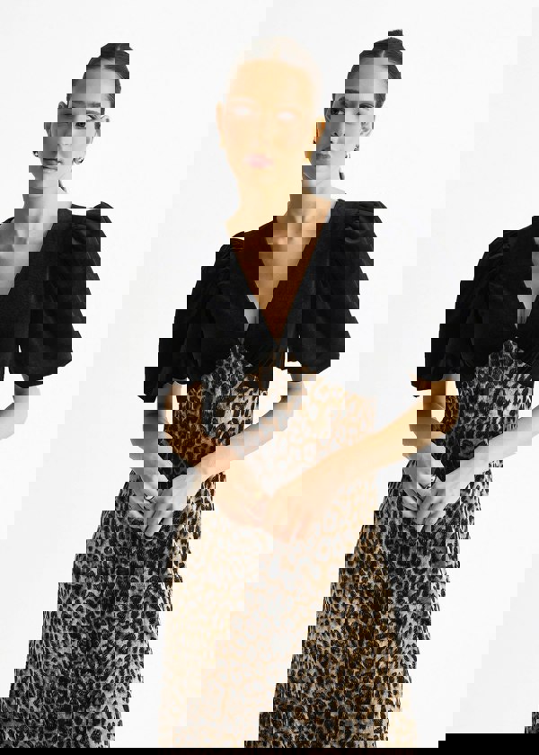 Gini London Black Animal Velvet Contrast Top Occasion Midi Dress