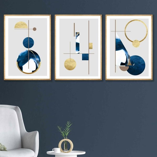 Artze Wall Art Abstract Set of 3 Textured Geometric Framed Prints in Navy Blue and Gold