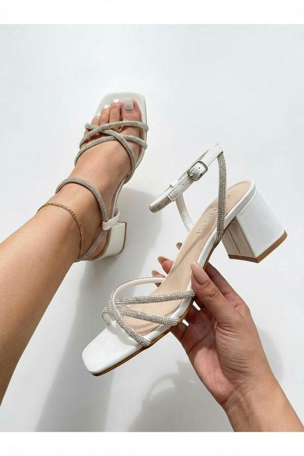 Willow Rhinestone Block Heel Sandals - White_wb
