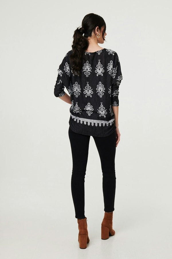 Black | Printed Long Sleeve Relaxed Top
