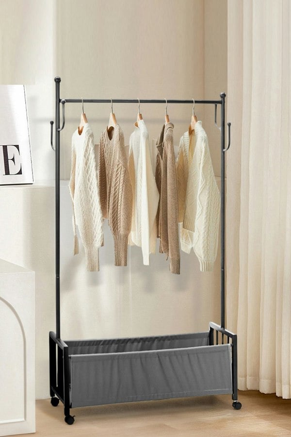 Living and Home Free Standing Clothes Rack with Bottom Basket and Wheels