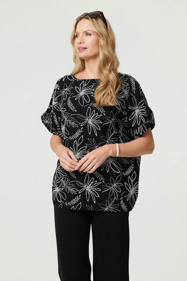 Black | Floral Relaxed Short Sleeve Top
