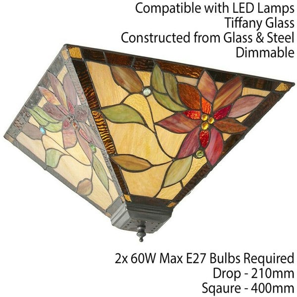 Tiffany Glass Semi Flush Ceiling Light Red Flower Inverted Square Shade i00053 Loops