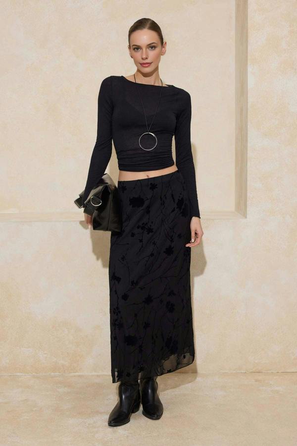 WOVCOR Pencil Maxi Tulle Flexible Knit Skirt with Flock Print