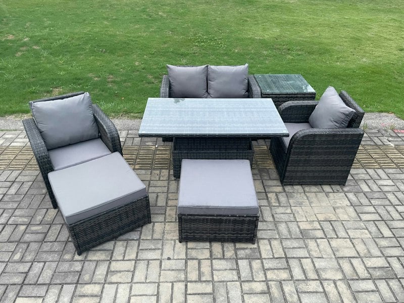 Fimous Rattan Outdoor Furniture Garden Dining Sets Patio Height Adjustable Rising lifting Table Love Sofa Chair Set With Side Tables Stools