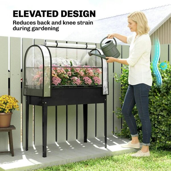 Raised Planter with Flip-Up Greenhouse Cover, Metal Raised Garden Bed on Legs with Drainage Hole, Black
