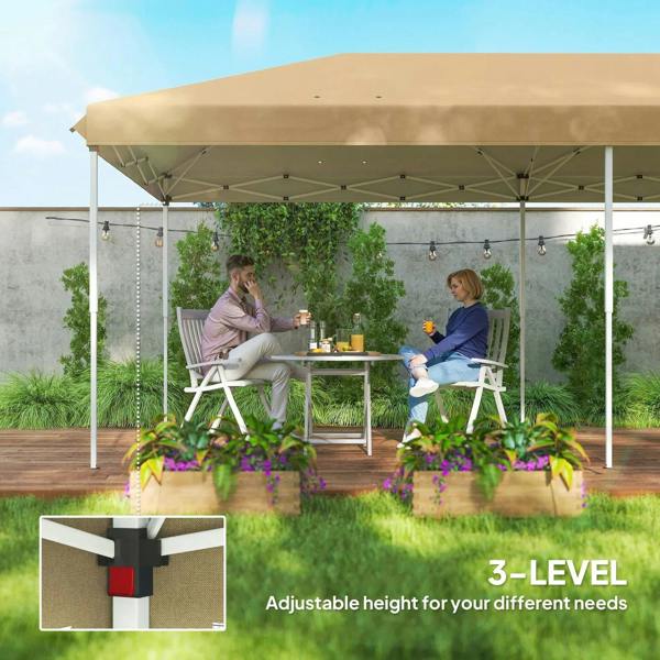Beige outdoor gazebo with adjustable-height posts and mesh curtains framing the seating.