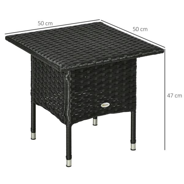 Black woven side table with square top and four tapered metal legs
