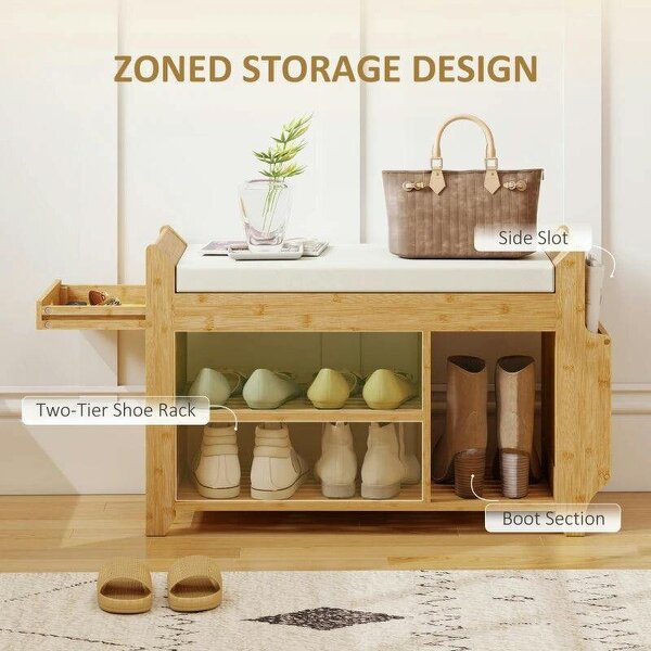 Shoe Bench 2-Tier Boot Section Entryway Storage Bench Cushioned Seat 80 x 30 x 50 cm Natural and Cream