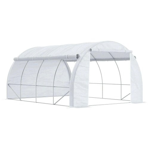 Bobobiy 4 x 3 x 2 m Polytunnel Greenhouse with Roll-up Side Walls, Walk-in Grow House Tent with Steel Frame, Zipped Door and 12 Mesh Windows, White