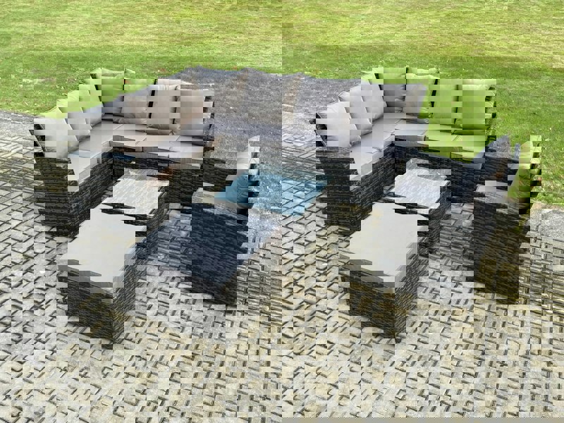 Fimous Rattan Garden Furniture Set Outdoor Lounge Corner Sofa Set With Square Coffee Table Big Footstool Armchair 8 Seater Dark Grey Mixed