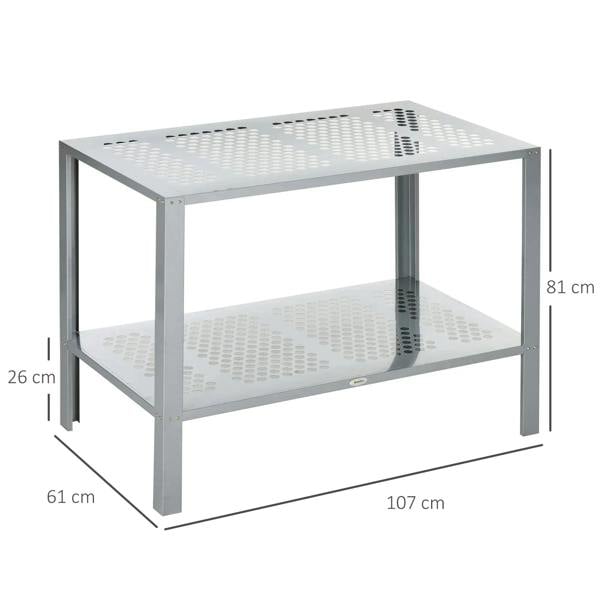 Silver 2-tier plant stand with perforated top and bottom mesh shelves, open steel frame.