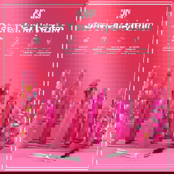 Pink ION8 water bottles of various sizes and designs are displayed on a pink surface. They are shown alongside accessories. The text reads: “ION8 Refresh Your Hydration. Choose from 3 different materials. Sizes to suit any user. Hundreds of designs to choose from. Shop our wide range of accessories.”