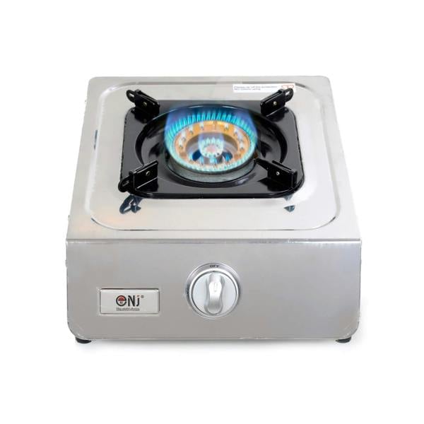 Single-burner gas stove with burning flame on a white background