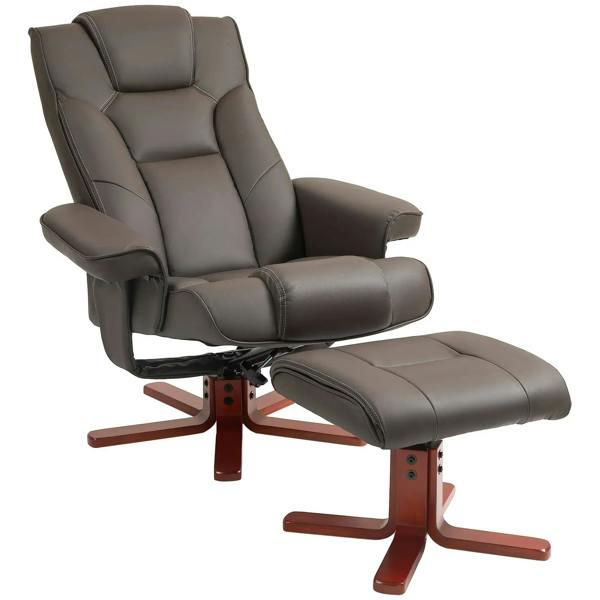 Brown faux leather recliner with manual lift and matching footstool, padded arms