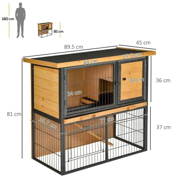 Light yellow elevated rabbit hutch with black wire runs and labeled size diagram.