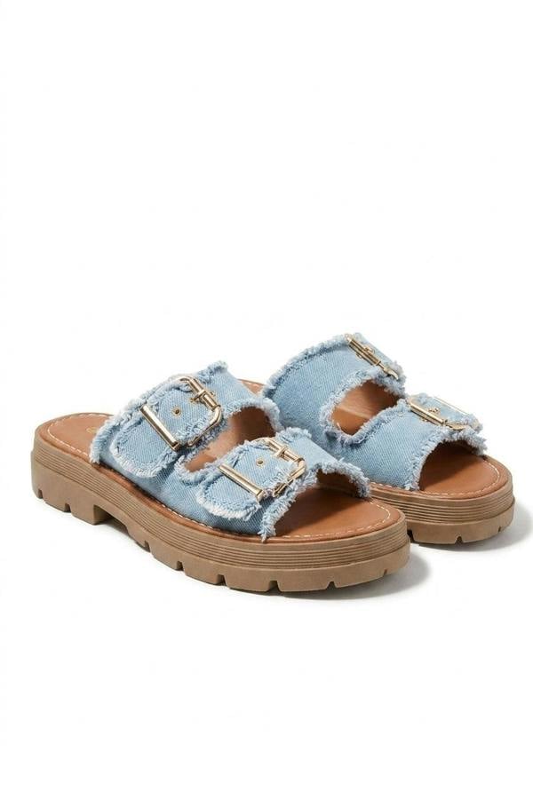 Madelina Double Buckle Denim Platform Sandals - Light Blue_wb