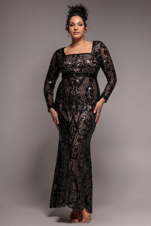 Goddiva Plus Sequin Square Neck Maxi With Scallop Hem - Black by Goddiva Plus