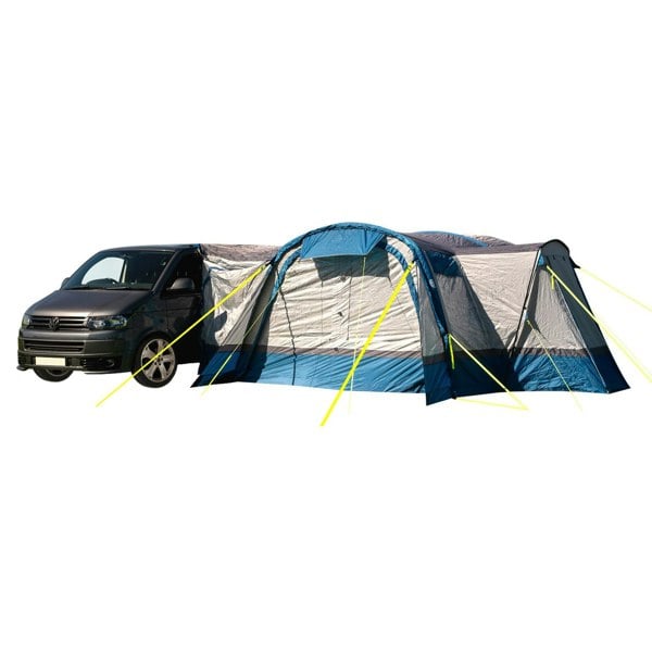 The Cocoon Breeze® v2 Campervan Awning from OLPRO pictured on a white background attached to a Volkswagen Campervan, imageset:Blue