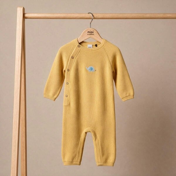Mini Cuddles Elephant-Embroidered Romper (Mustard)
