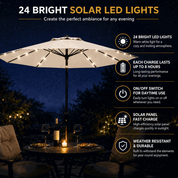 GlamHaus Garden Parasol Solar LED 2.7M ,Tilting Table Umbrella with Crank Handle, Protection UV40, Includes Parasol Cover- Cream