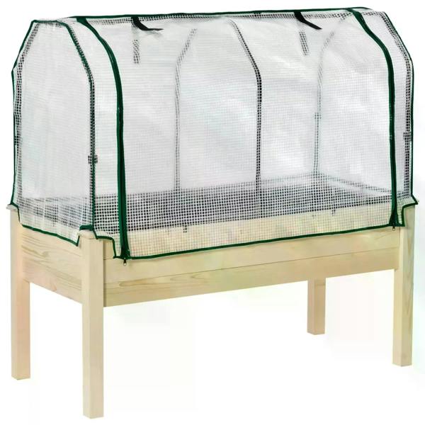 Natural wood raised planter box with white PE cover and green trim