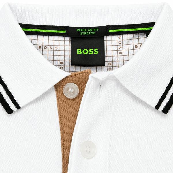 BOSS Paddy Pro regular fit stretch polo shirt in white with black collar tipping, natural placket, and branded inner grid pattern.