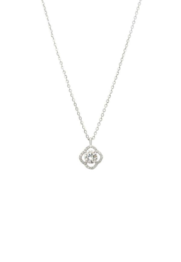 Silver necklace with a floral pendant on a white background
