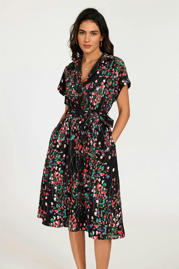 FS Collection Black Floral Shirt Midi Dress with Tie Waist and Short Sleeves