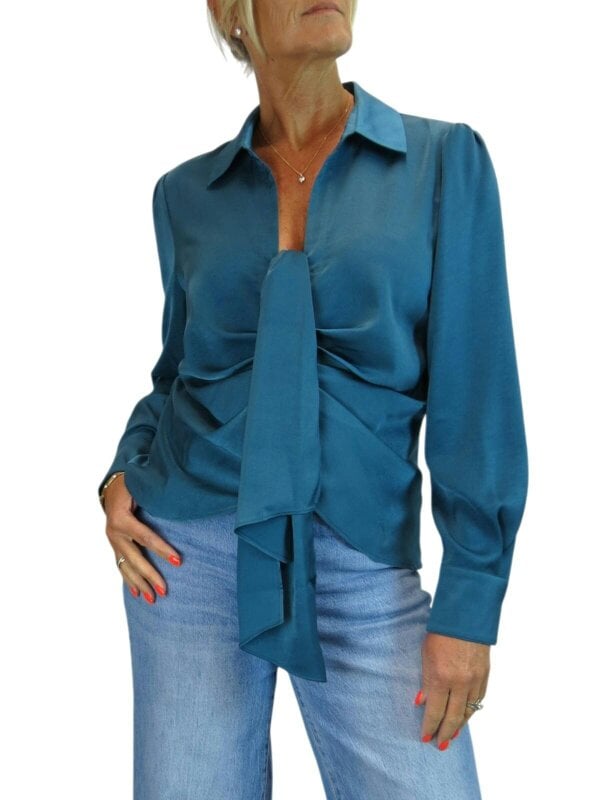 Paulo Due Women's Long Sleeve Tie Front Satin Blouse Shirt - Dark Teal