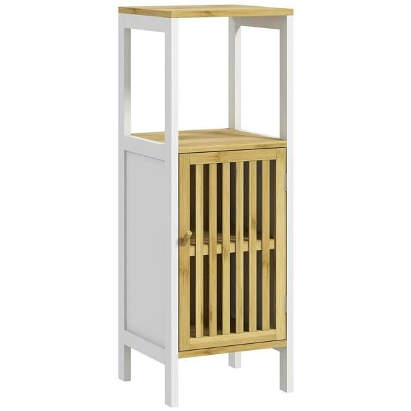 White and natural bamboo bathroom storage cabinet with slatted cupboard door